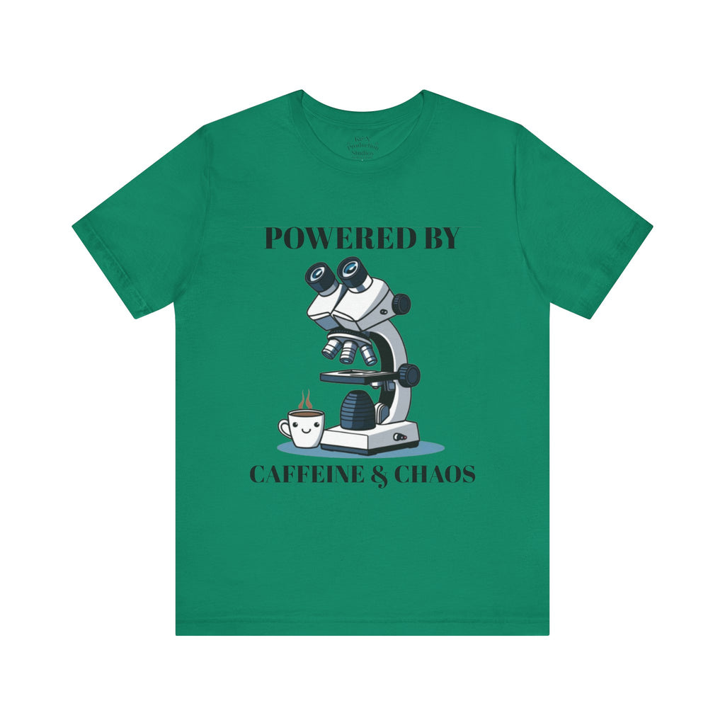“Powered by Caffeine & Chaos” Funny Lab Tech T-Shirt – Cartoon Microscope & Coffee Cup