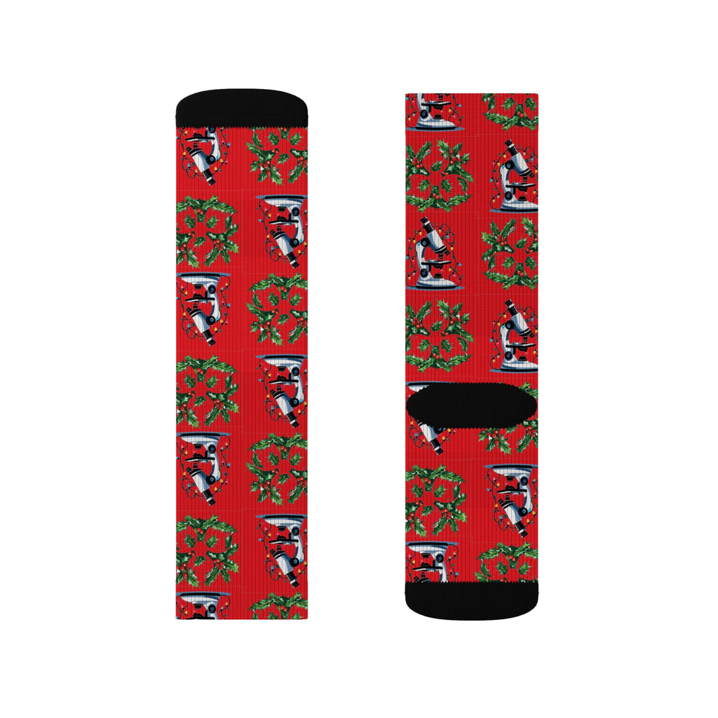 Microscope & Holly Biohazard Christmas Socks – Festive Science-Inspired Crew