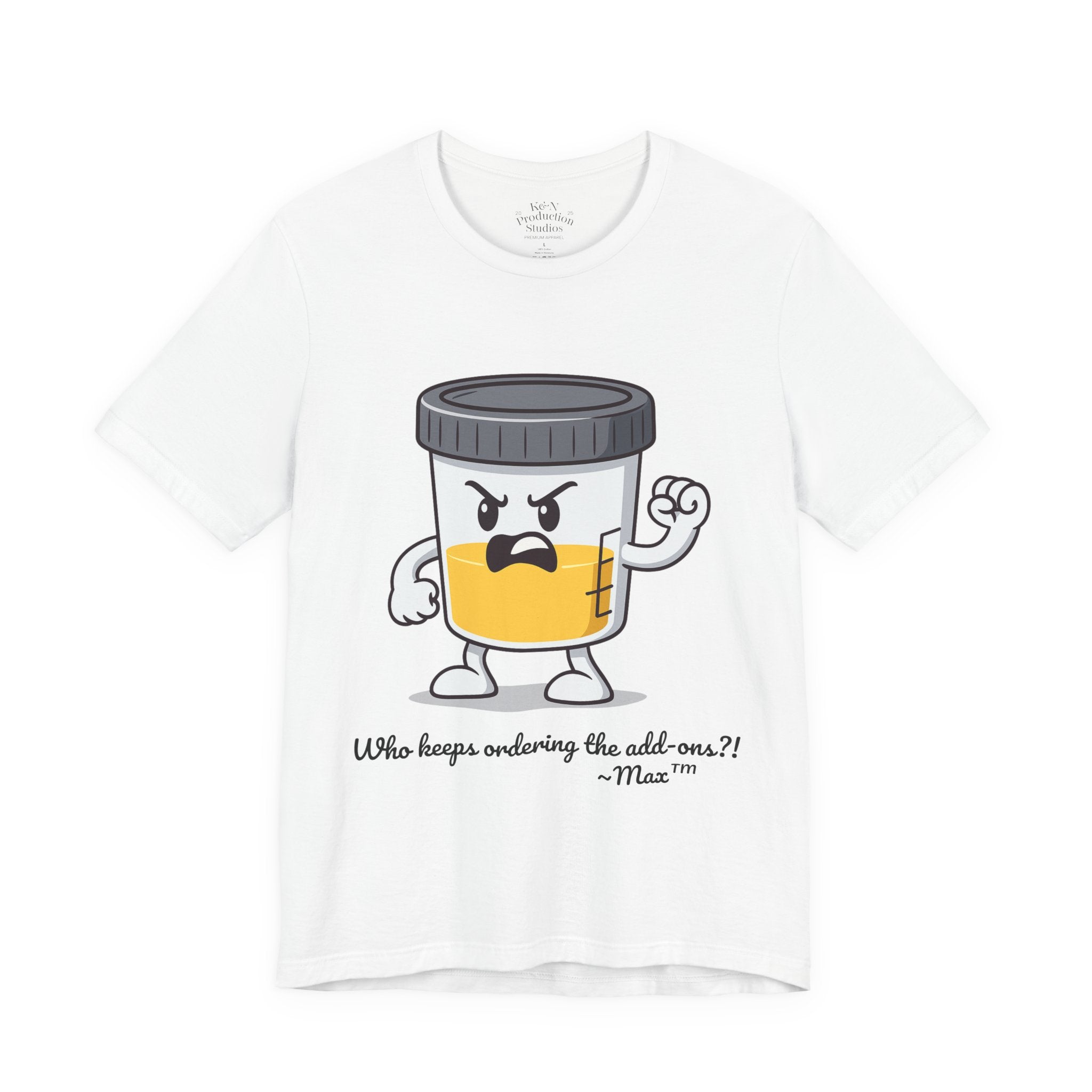 Max™ “Who Keeps Ordering the Add-ons?!” T-Shirt – Customizable Lab Legends™ Character Tee by K&N Production Studios