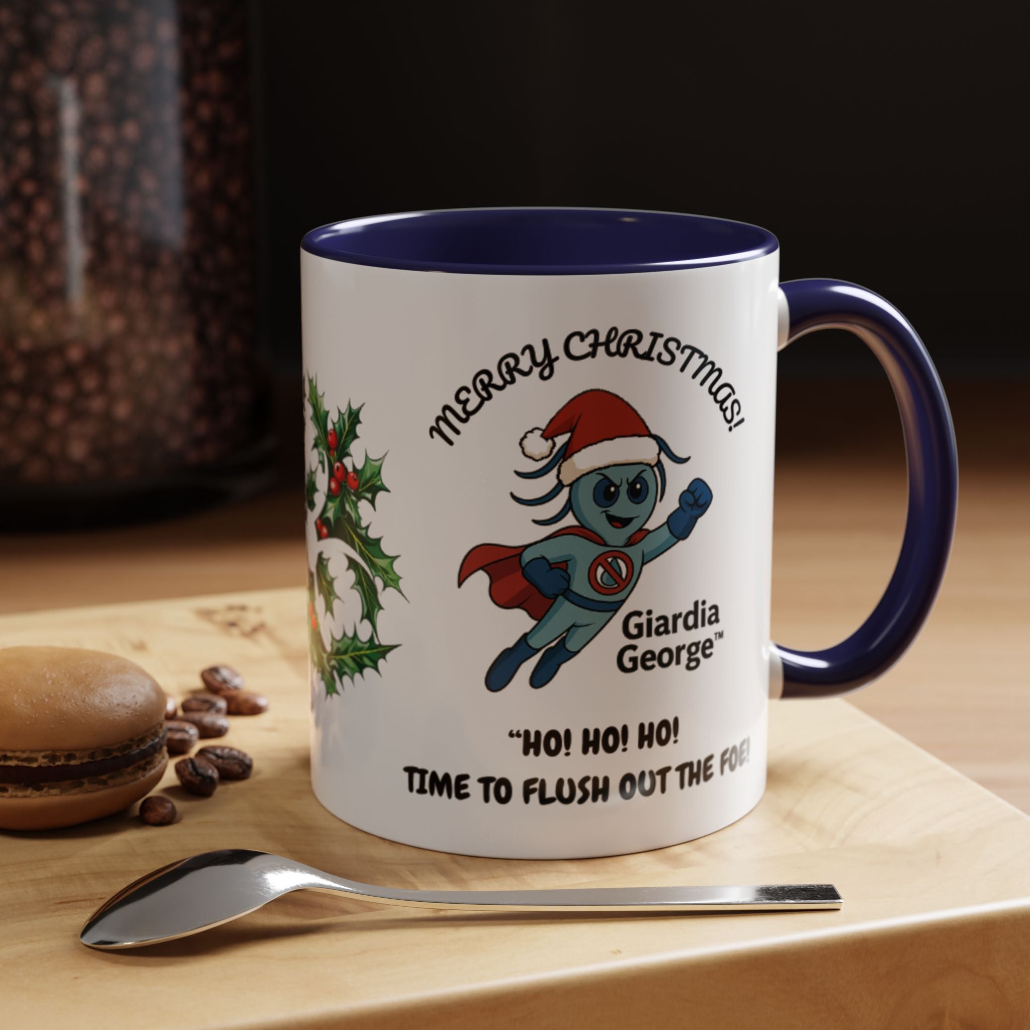 Giardia George™ Holiday Mug – Funny Science Christmas Gift with Microscope & Holly Biohazard