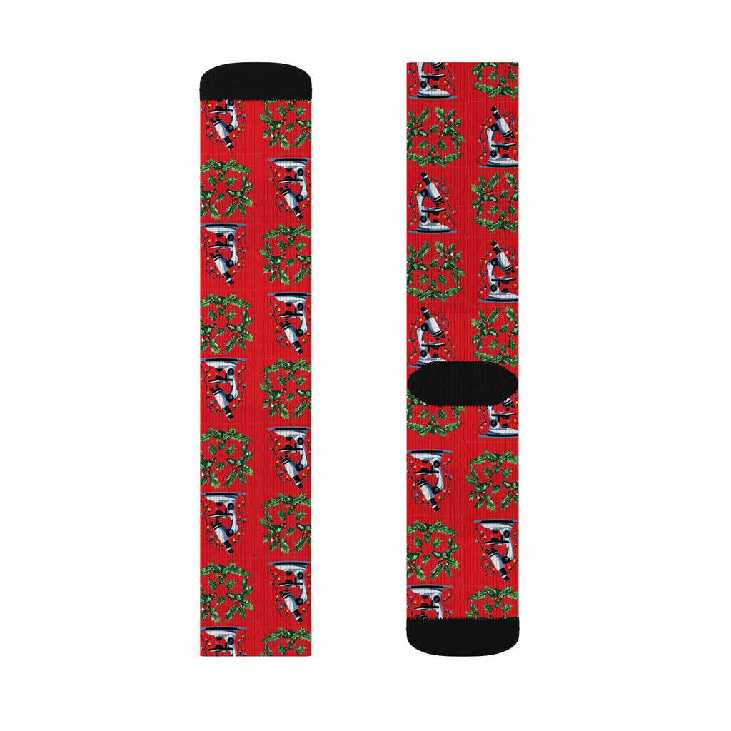 Microscope & Holly Biohazard Christmas Socks – Festive Science-Inspired Crew