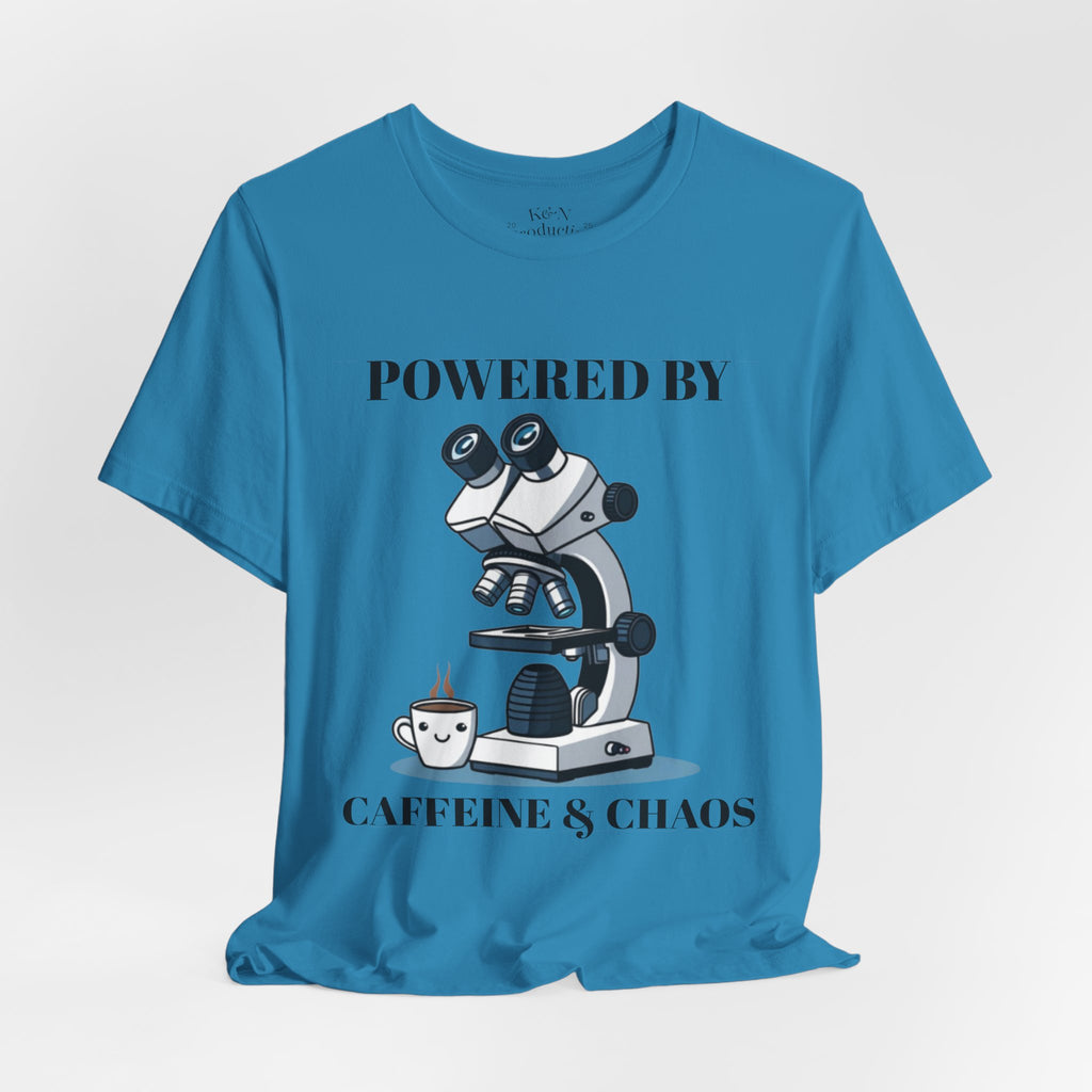 “Powered by Caffeine & Chaos” Funny Lab Tech T-Shirt – Cartoon Microscope & Coffee Cup