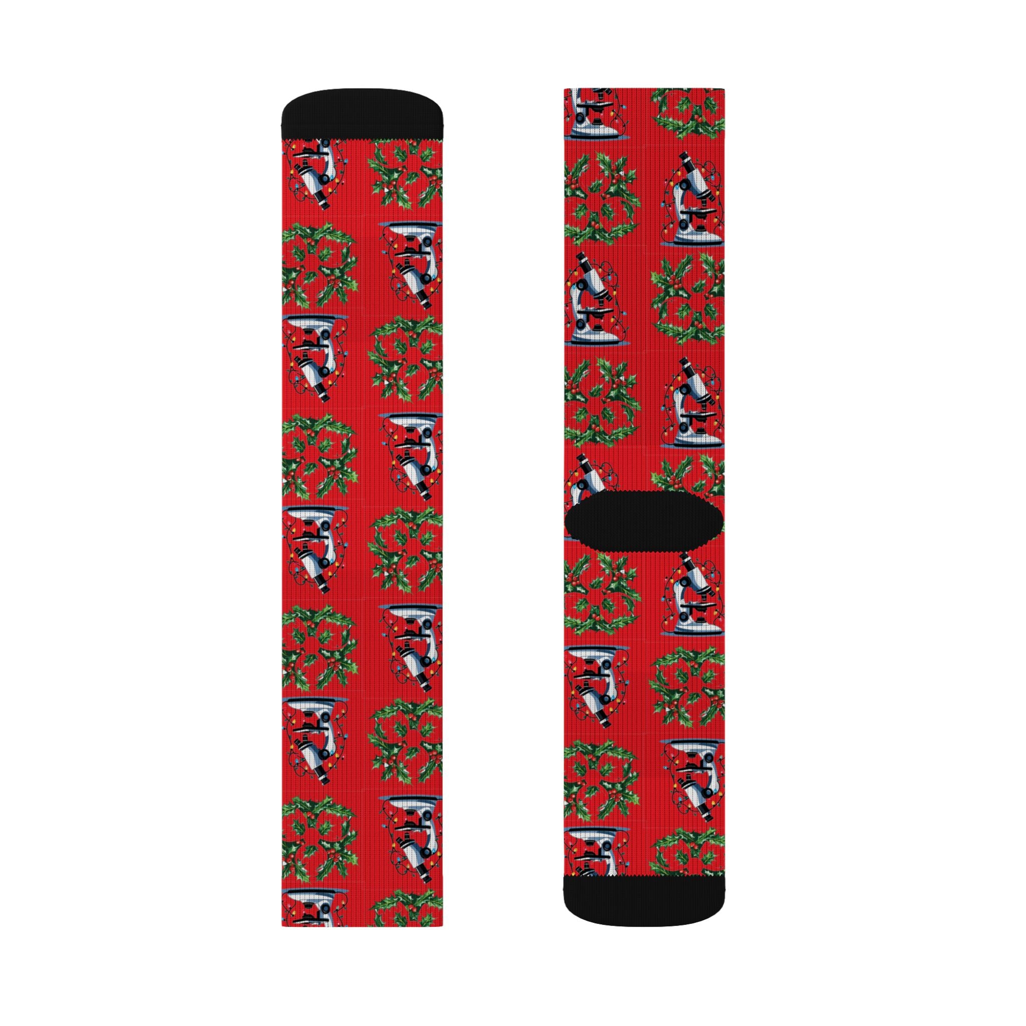 Microscope & Holly Biohazard Christmas Socks – Festive Science-Inspired Crew