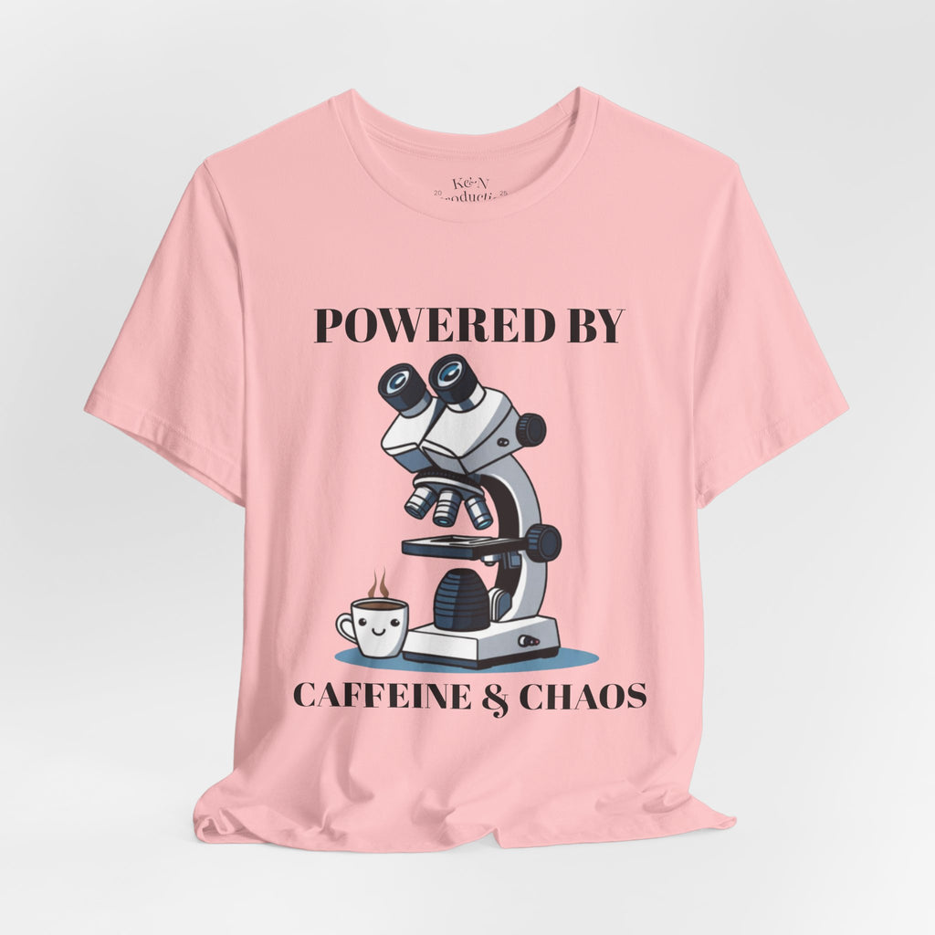 “Powered by Caffeine & Chaos” Funny Lab Tech T-Shirt – Cartoon Microscope & Coffee Cup