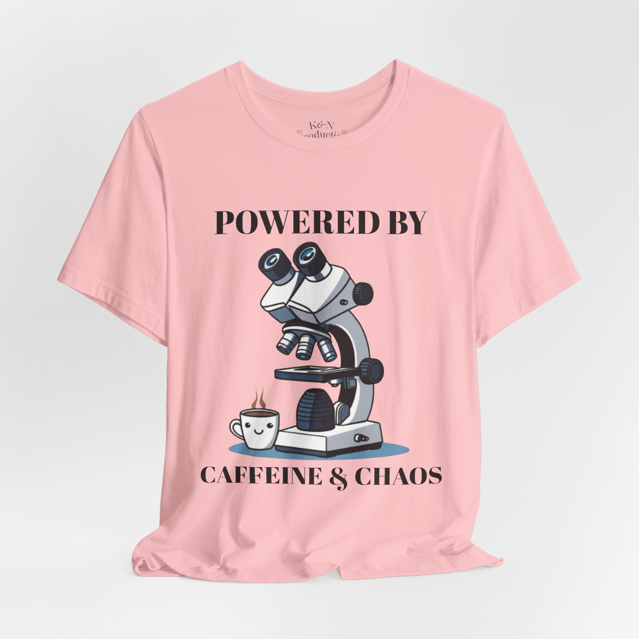 “Powered by Caffeine & Chaos” Funny Lab Tech T-Shirt – Cartoon Microscope & Coffee Cup