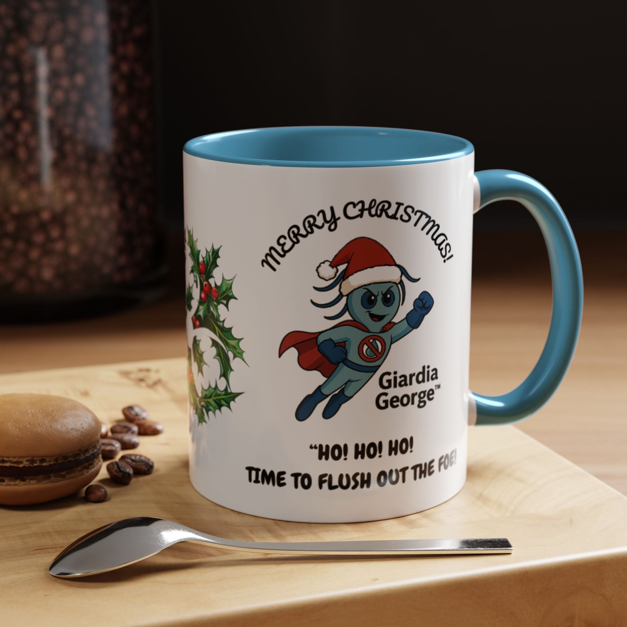Giardia George™ Holiday Mug – Funny Science Christmas Gift with Microscope & Holly Biohazard