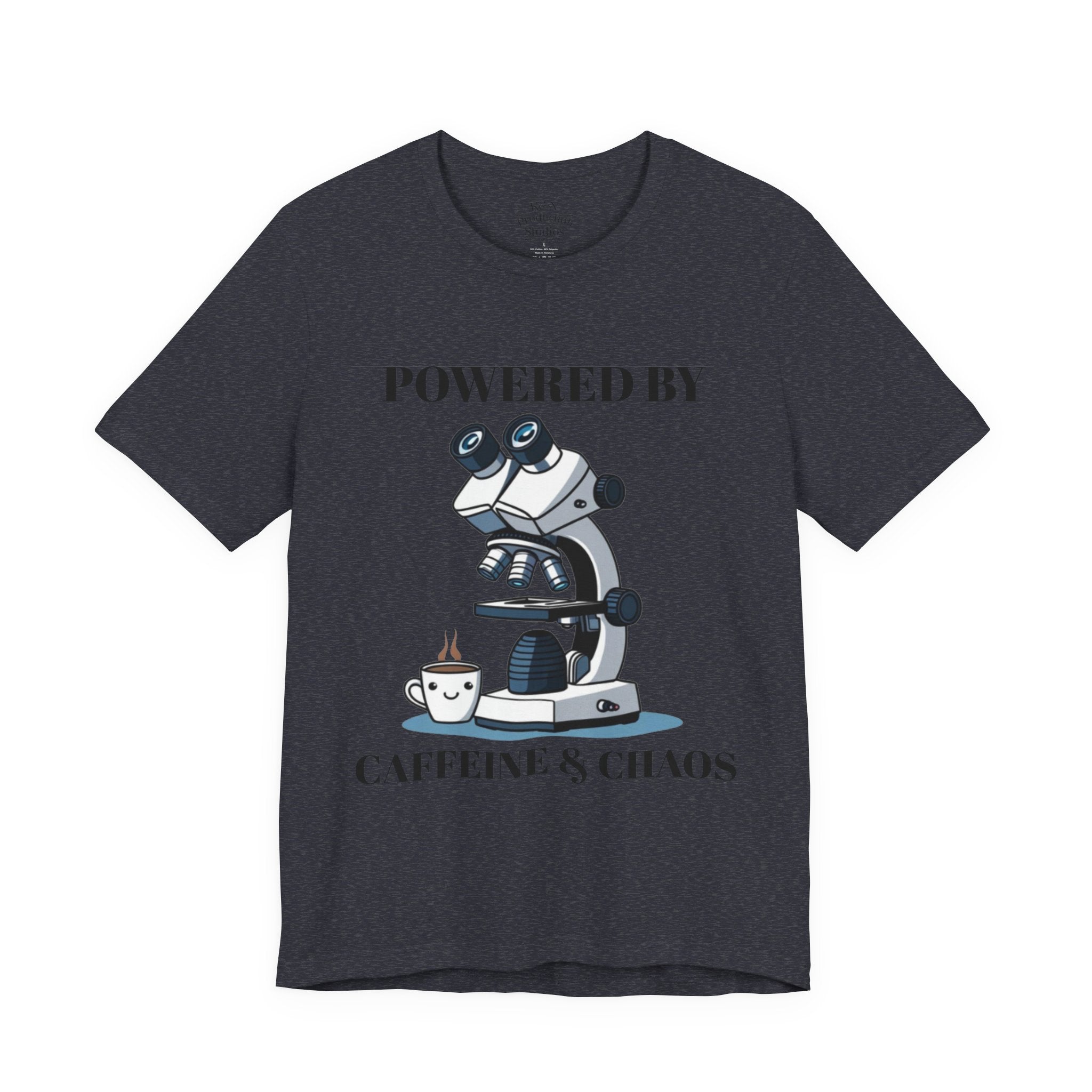 “Powered by Caffeine & Chaos” Funny Lab Tech T-Shirt – Cartoon Microscope & Coffee Cup