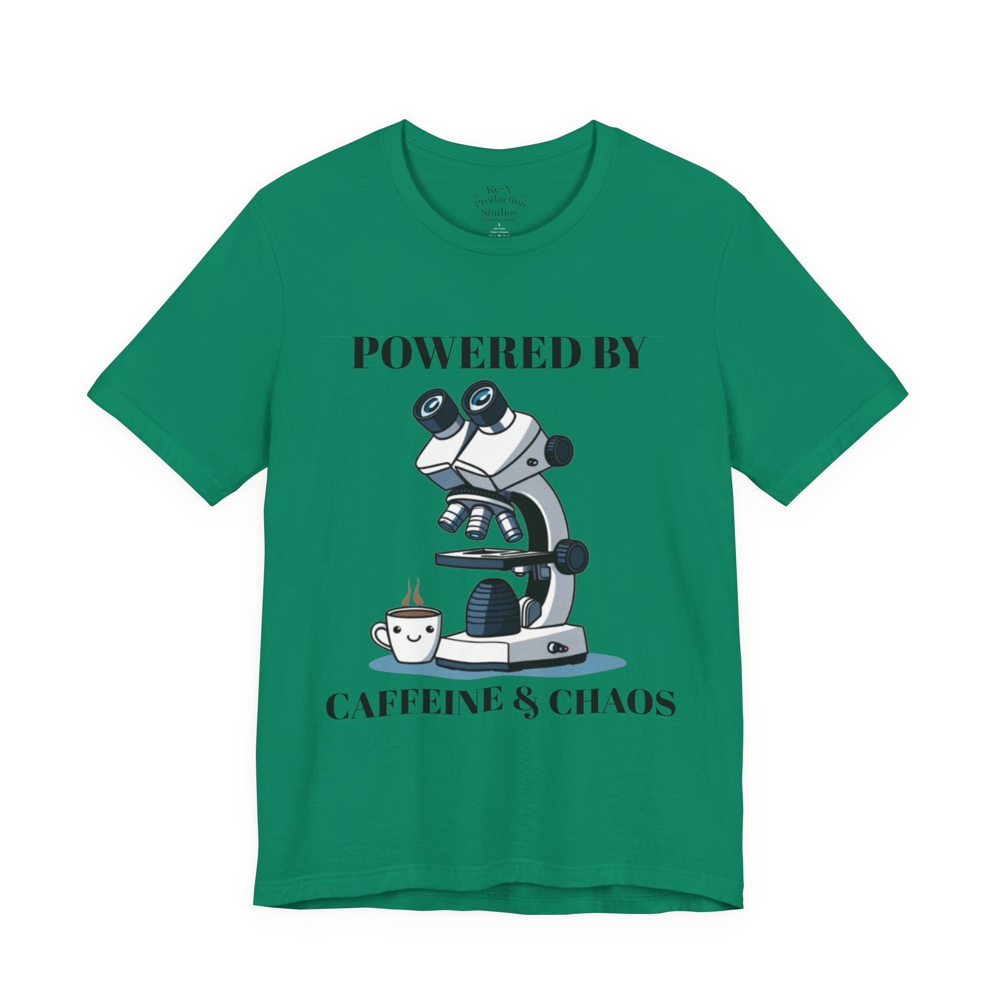 “Powered by Caffeine & Chaos” Funny Lab Tech T-Shirt – Cartoon Microscope & Coffee Cup