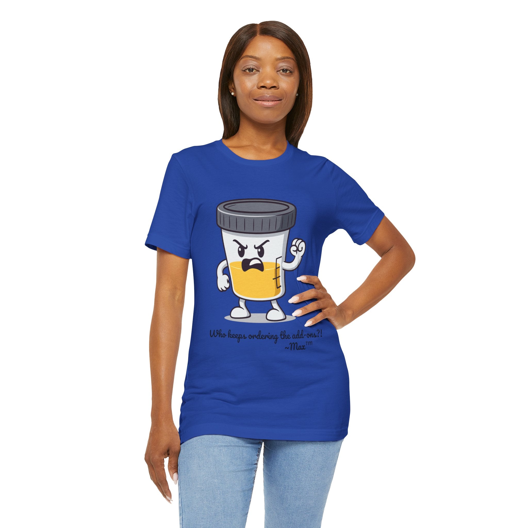 Max™ “Who Keeps Ordering the Add-ons?!” T-Shirt – Customizable Lab Legends™ Character Tee by K&N Production Studios
