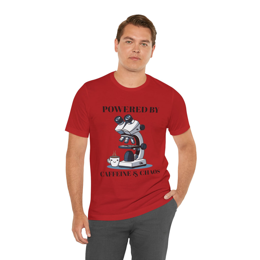 “Powered by Caffeine & Chaos” Funny Lab Tech T-Shirt – Cartoon Microscope & Coffee Cup