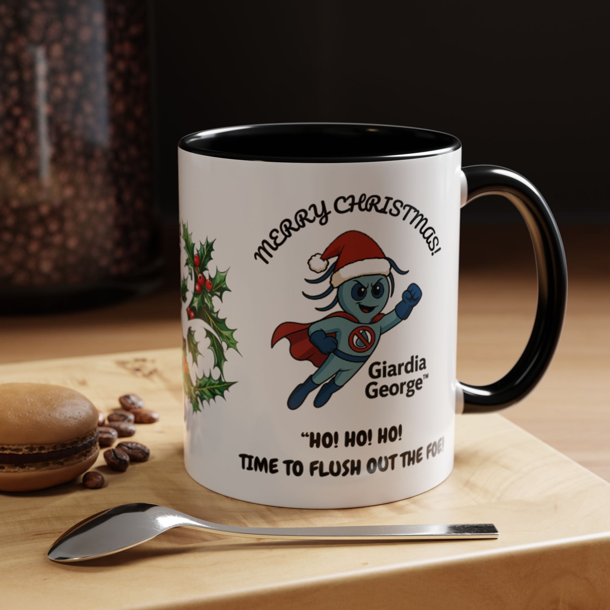 Giardia George™ Holiday Mug – Funny Science Christmas Gift with Microscope & Holly Biohazard