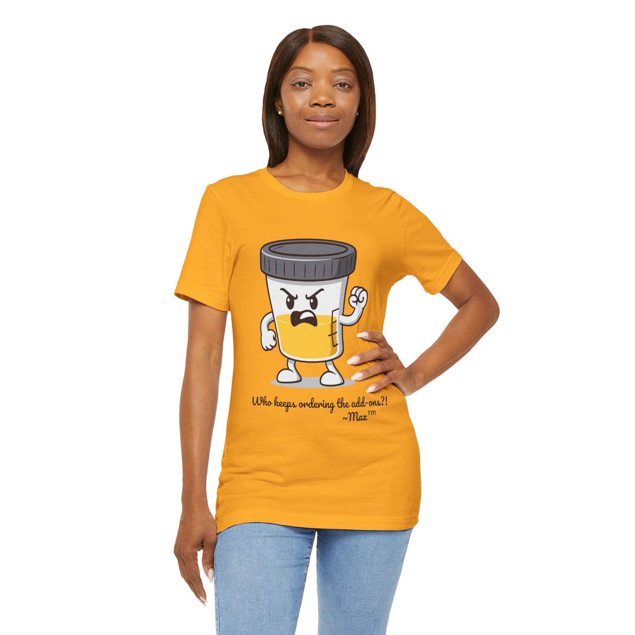 Max™ “Who Keeps Ordering the Add-ons?!” T-Shirt – Customizable Lab Legends™ Character Tee by K&N Production Studios