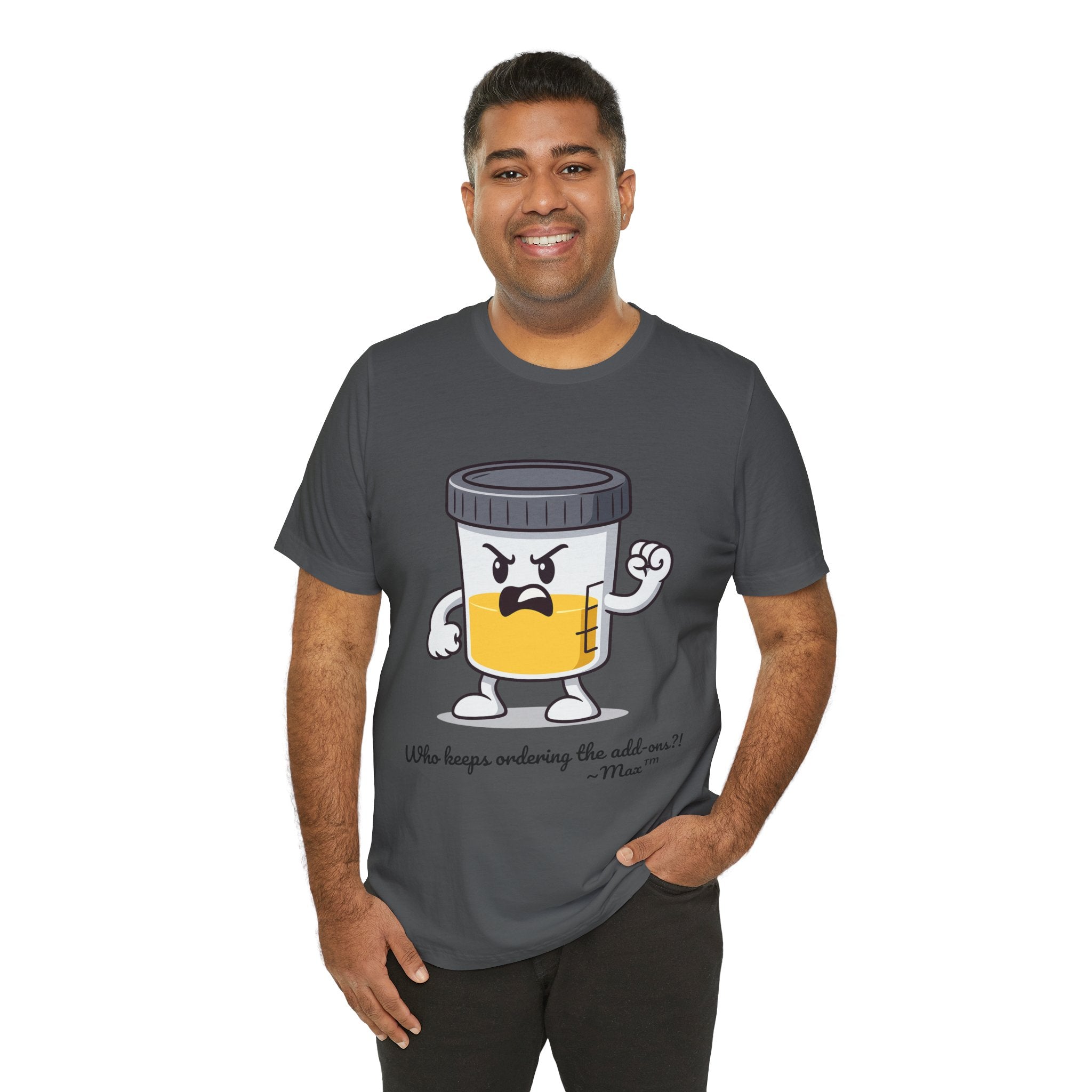 Max™ “Who Keeps Ordering the Add-ons?!” T-Shirt – Customizable Lab Legends™ Character Tee by K&N Production Studios