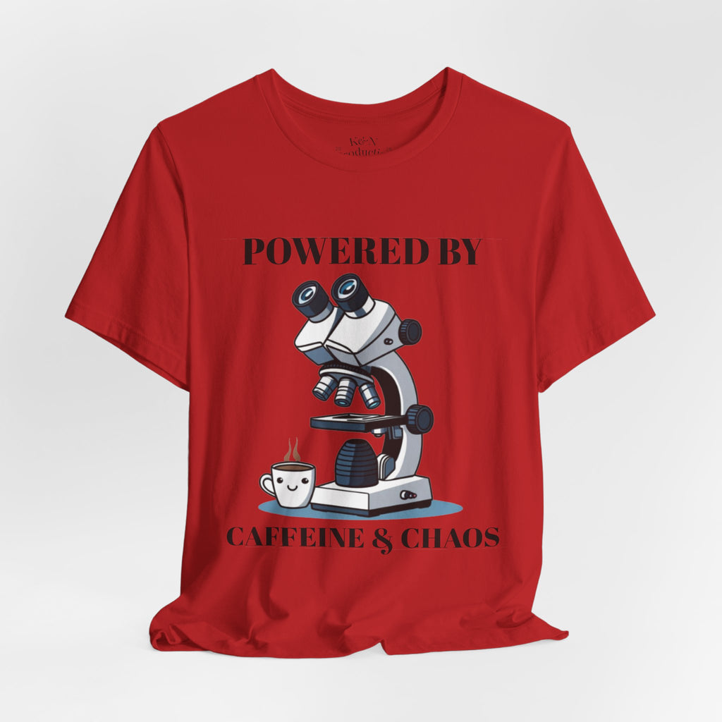 “Powered by Caffeine & Chaos” Funny Lab Tech T-Shirt – Cartoon Microscope & Coffee Cup