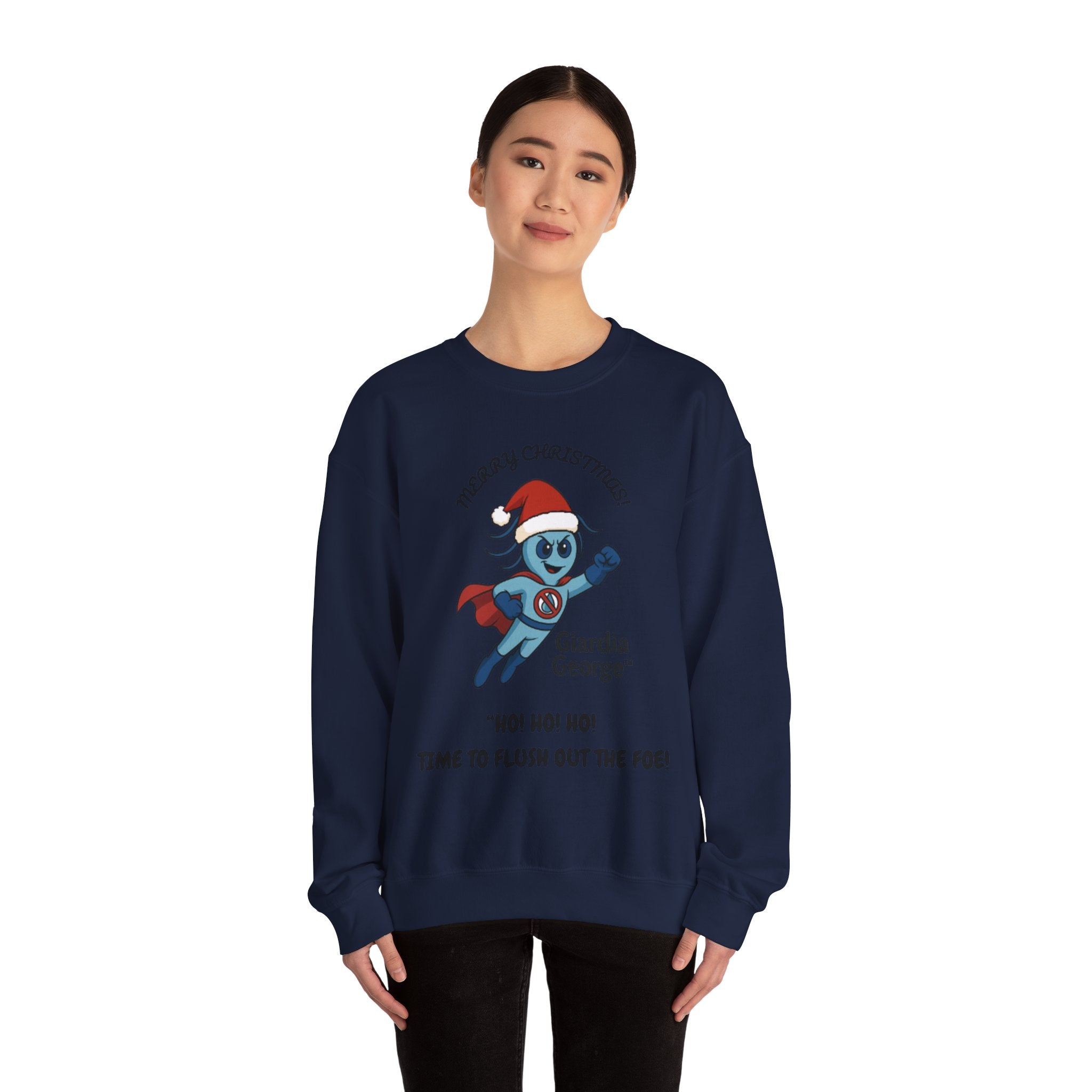 Giardia George Christmas Sweatshirt — ‘Ho! Ho! Ho! Time to Flush Out the Foe!’ Holiday Crewneck