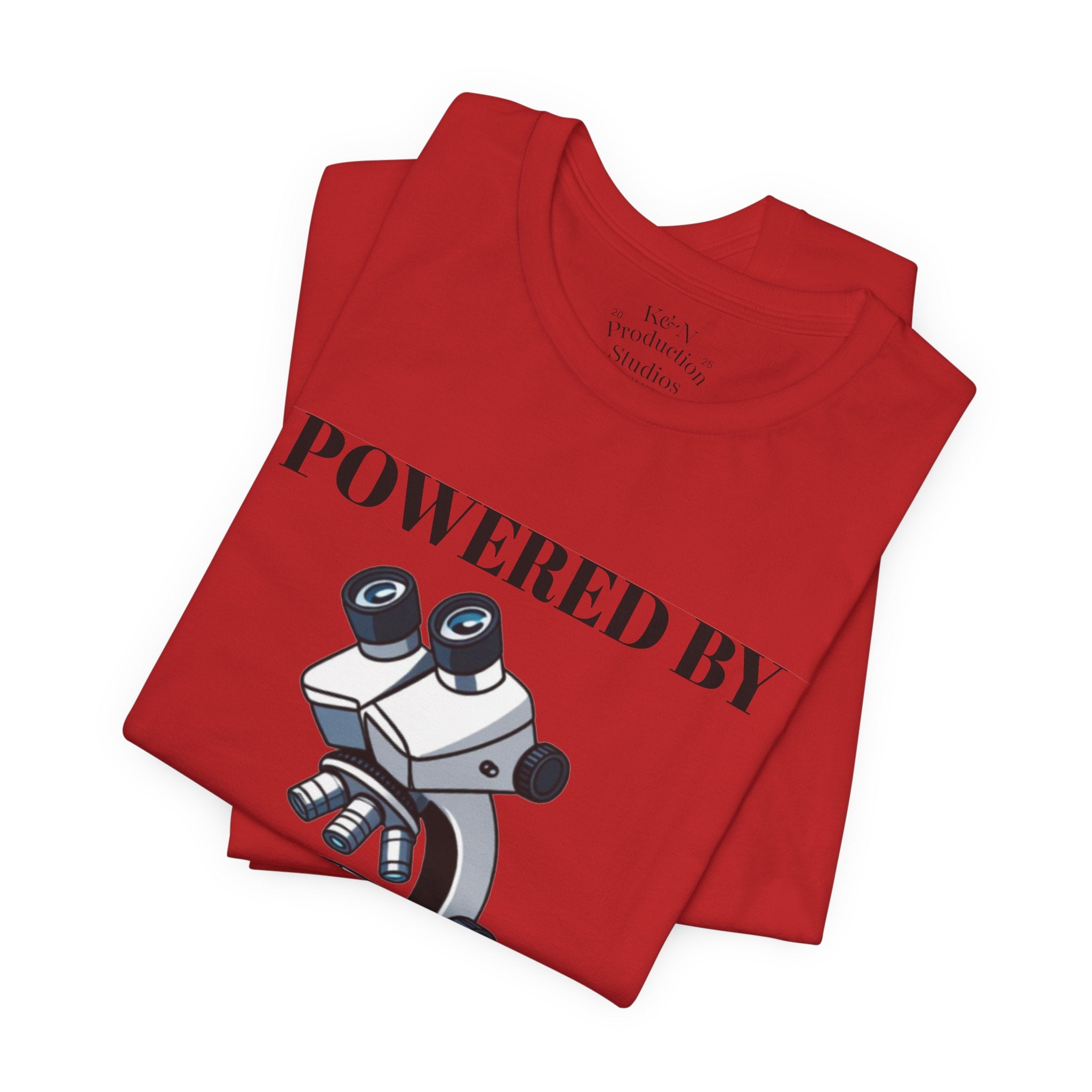 “Powered by Caffeine & Chaos” Funny Lab Tech T-Shirt – Cartoon Microscope & Coffee Cup