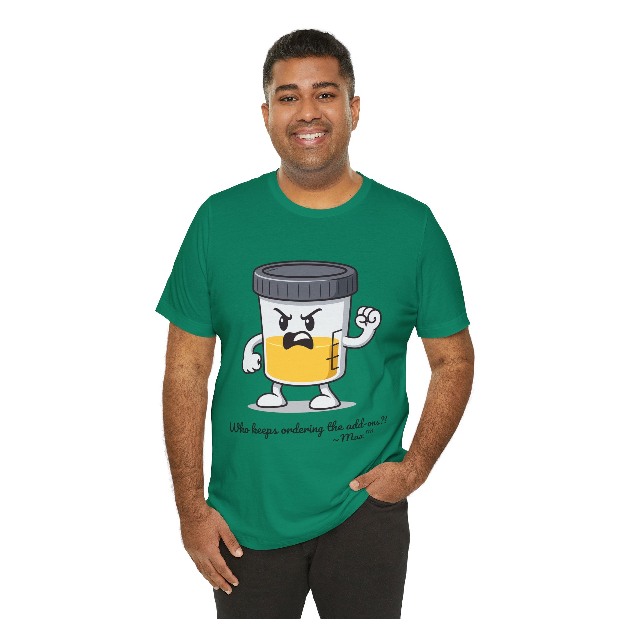 Max™ “Who Keeps Ordering the Add-ons?!” T-Shirt – Customizable Lab Legends™ Character Tee by K&N Production Studios