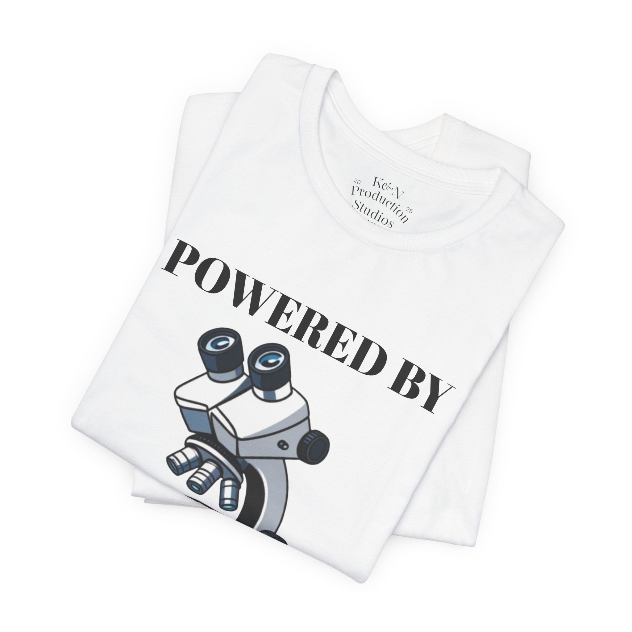 “Powered by Caffeine & Chaos” Funny Lab Tech T-Shirt – Cartoon Microscope & Coffee Cup