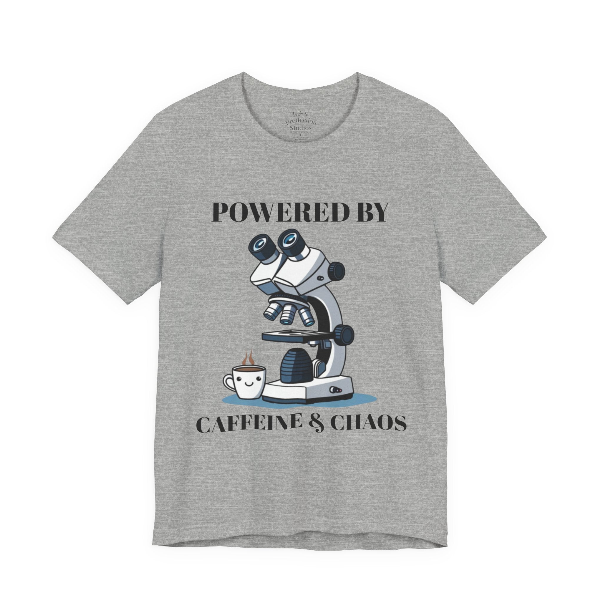 “Powered by Caffeine & Chaos” Funny Lab Tech T-Shirt – Cartoon Microscope & Coffee Cup