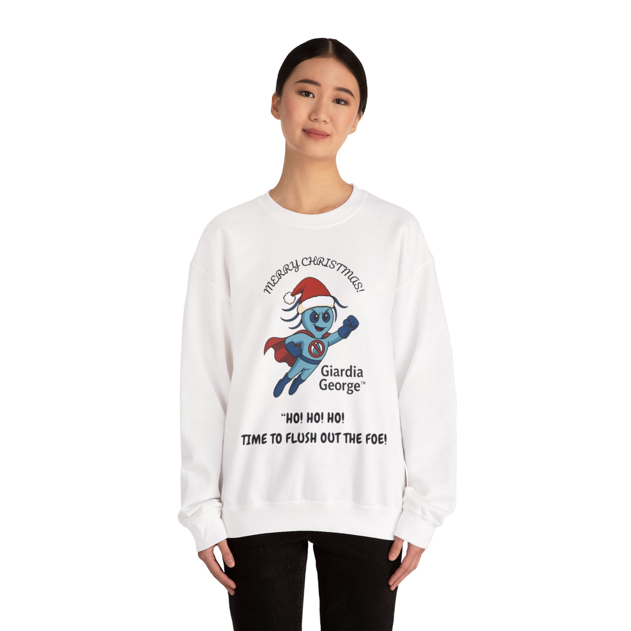 Giardia George Christmas Sweatshirt — ‘Ho! Ho! Ho! Time to Flush Out the Foe!’ Holiday Crewneck