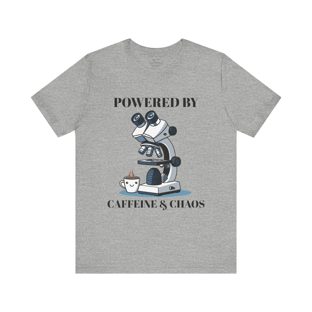 “Powered by Caffeine & Chaos” Funny Lab Tech T-Shirt – Cartoon Microscope & Coffee Cup