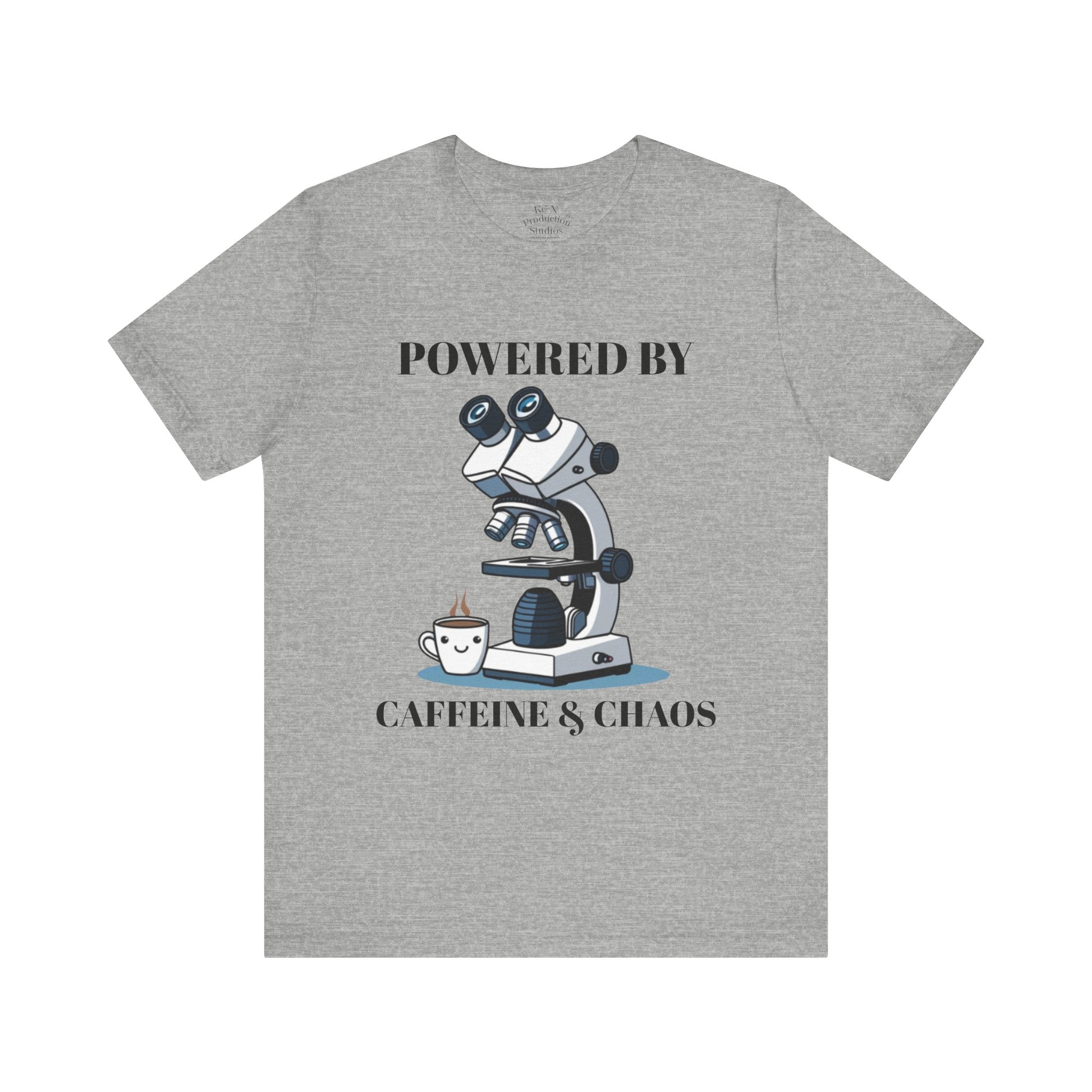 “Powered by Caffeine & Chaos” Funny Lab Tech T-Shirt – Cartoon Microscope & Coffee Cup