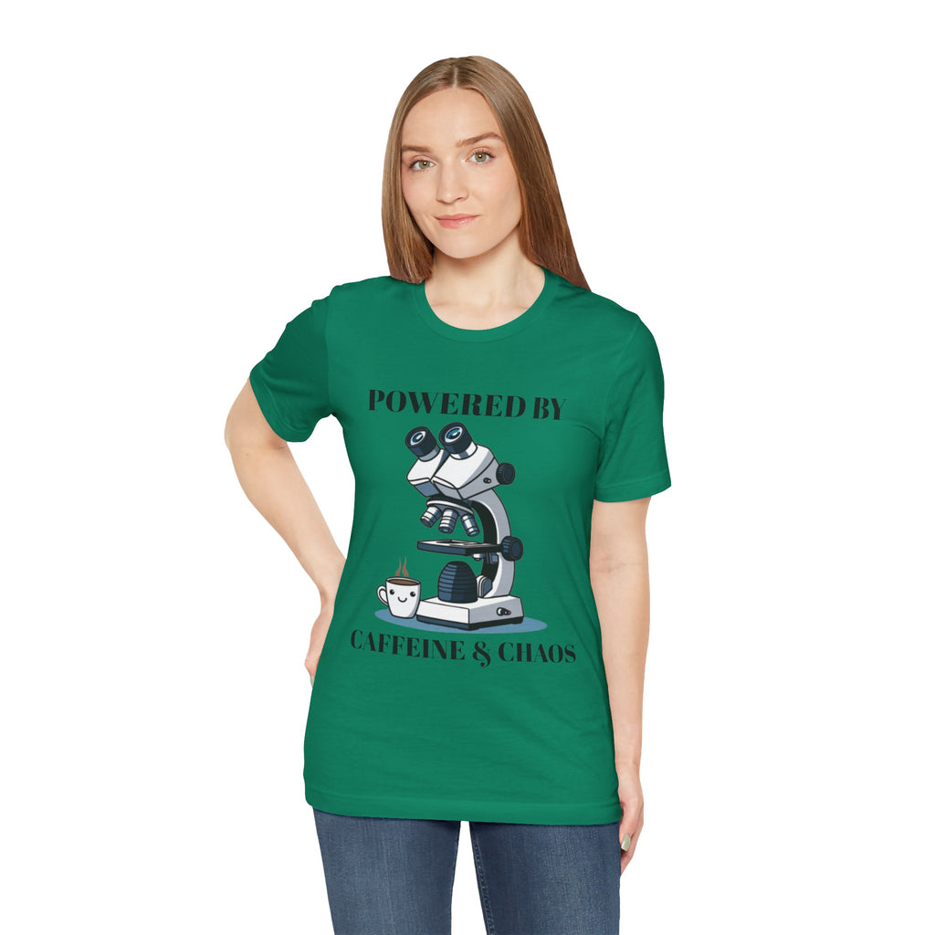 “Powered by Caffeine & Chaos” Funny Lab Tech T-Shirt – Cartoon Microscope & Coffee Cup