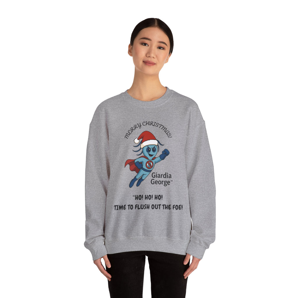 Giardia George Christmas Sweatshirt — ‘Ho! Ho! Ho! Time to Flush Out the Foe!’ Holiday Crewneck